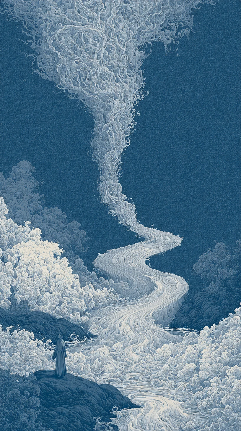 Bing-Xin Transformation to Water 丙辛合化水格 — atmospheric illustration in deep blue and silver, zhiji