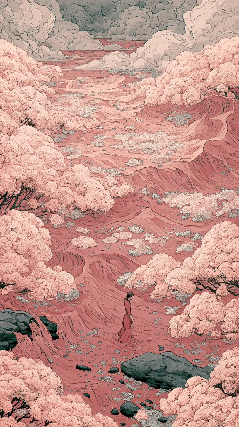 Drifting-Water Peach Blossom 泛水桃花 — atmospheric illustration in deep blue and silver, zhiji