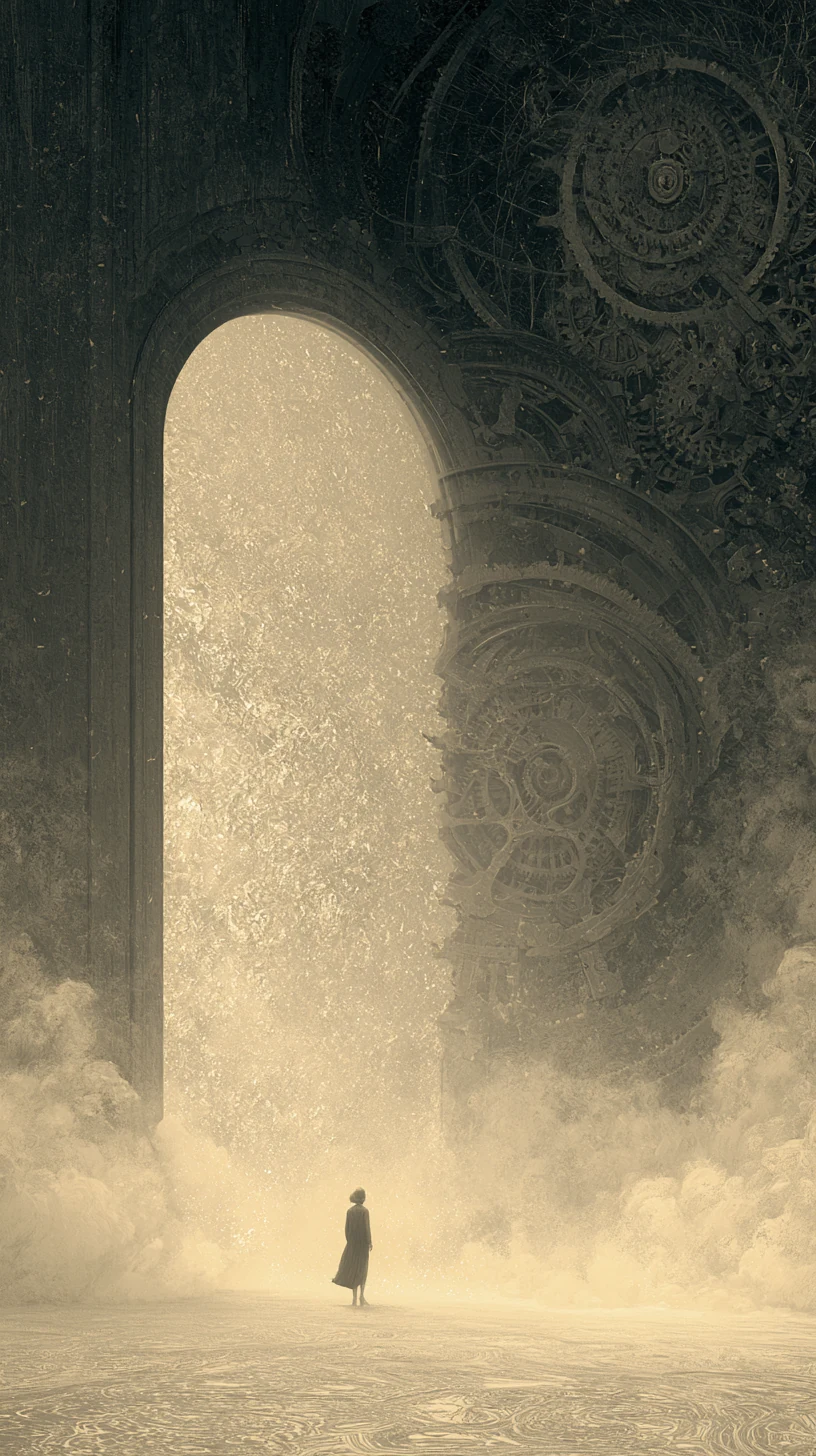 Gate and Mechanism Together 巨机同临 — atmospheric illustration in deep blue and silver, zhiji