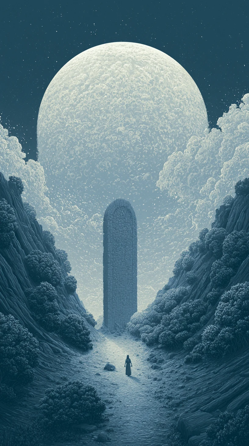 Moon Bright at Heavens Gate 月朗天门 — atmospheric illustration in deep blue and silver, zhiji