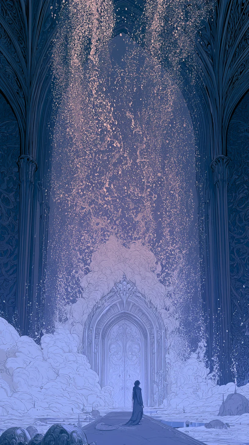 Storehouse Eating God 杂气食神格 — atmospheric illustration in deep blue and silver, zhiji