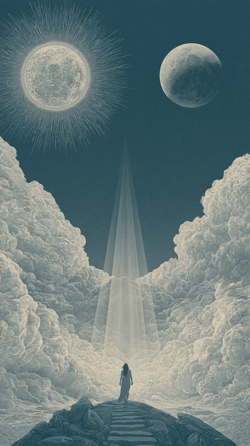 Sun and Moon Bracketing the Life Palace 日月夹命 — atmospheric illustration in deep blue and silver, zhiji