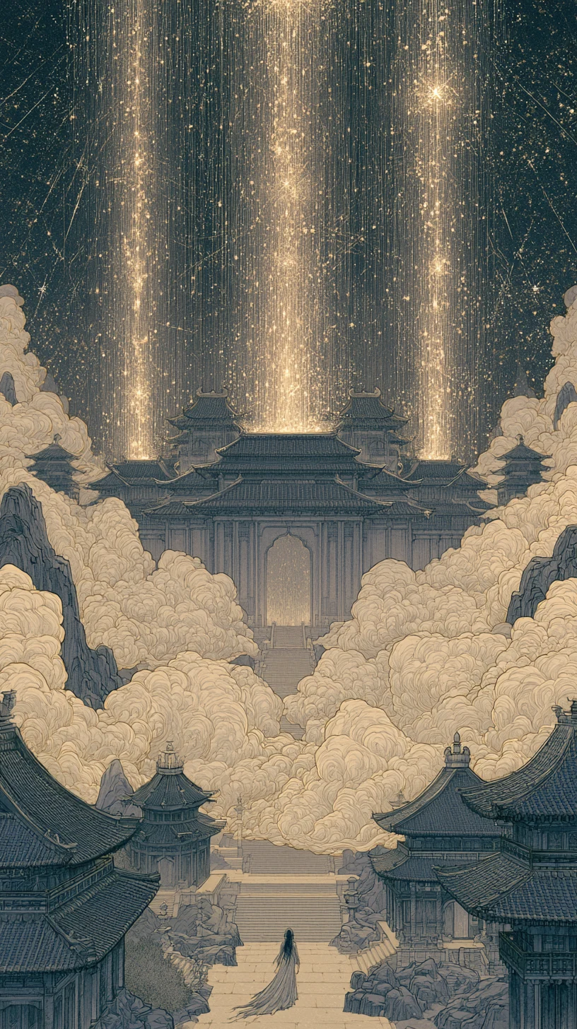 Three Marvels in Convergence 三奇加会 — atmospheric illustration in deep blue and silver, zhiji