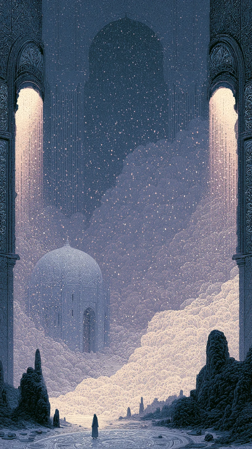 Treasury and Minister Paying Court 府相朝垣 — atmospheric illustration in deep blue and silver, zhiji