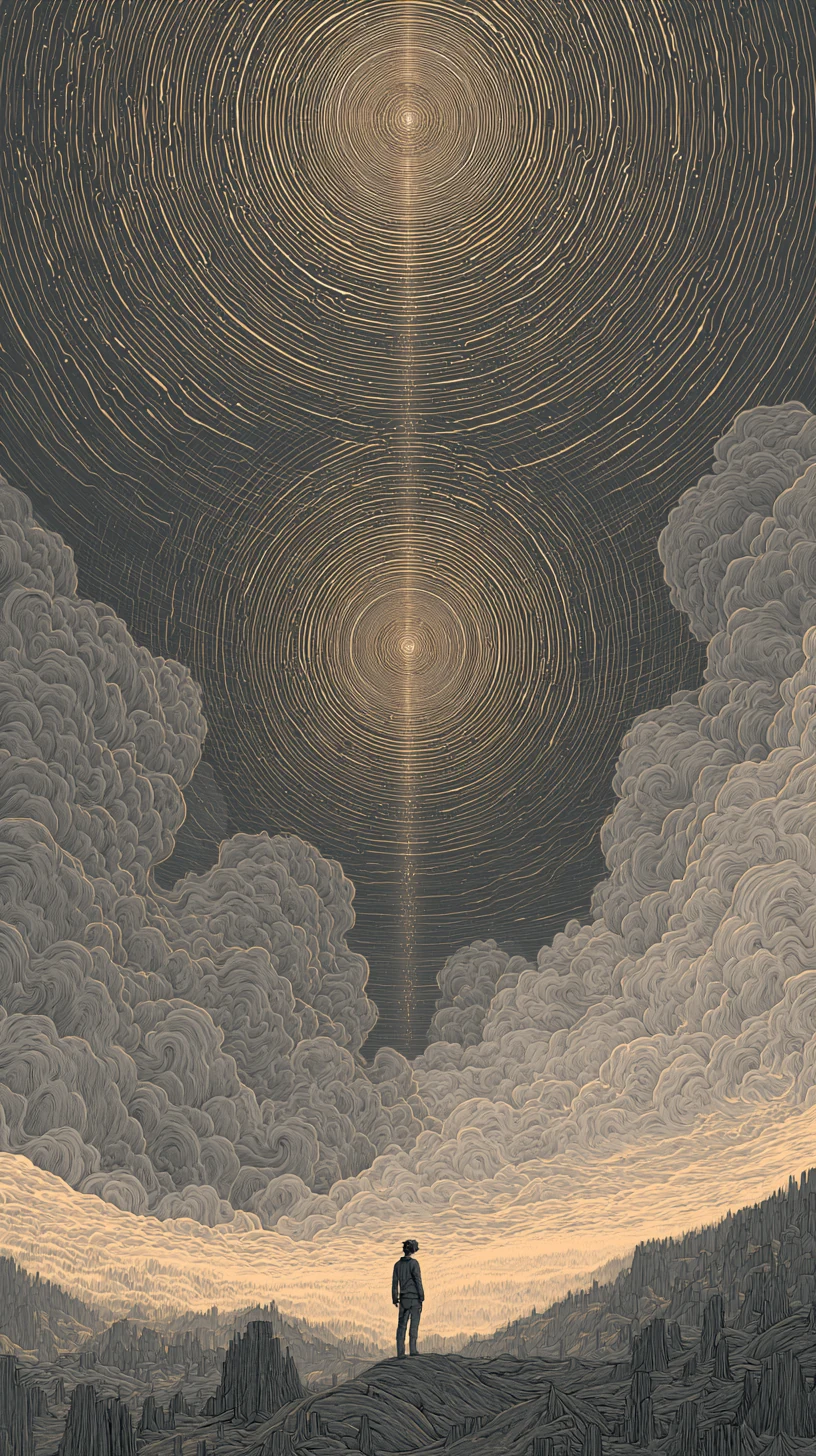 Year-Cycle Convergence 岁运并临 — atmospheric illustration in deep blue and silver, zhiji